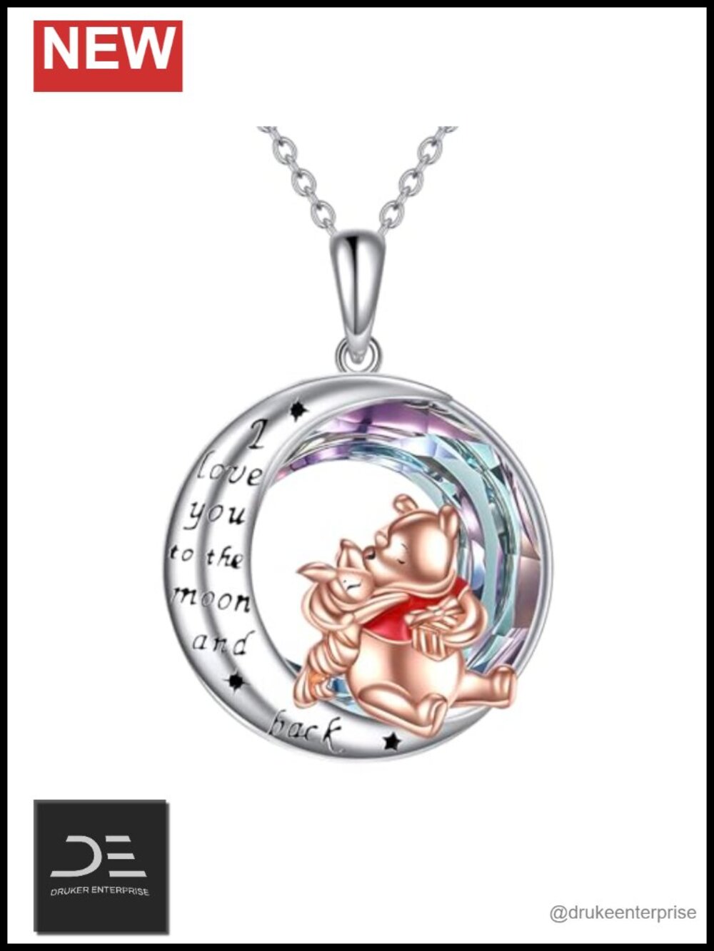 Sterling Silver Bear Moon Pendant Necklace with Crystal Cubic Zirconia